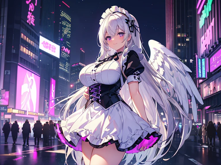 1girl, solo, long hair, breasts, looking at viewer, blush, bangs, blue eyes, large breasts, thighhighs, gloves, dress, underwear, nipples, panties, white hair, thighs, frills, pussy, black gloves, angel, wings, white wings on the back, angelic halo, halo, black thighhighs, clothes lift, apron, maid, maid headdress, black panties, pussy juice, panty pull, sunglasses, sweat, cum
