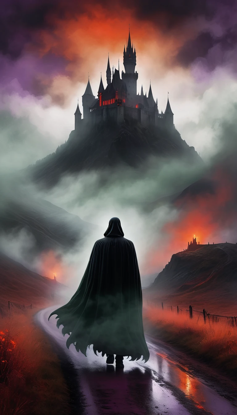 Photo Digital painting with gothic style and dark and moody atmosphere. In the background, there is a large, menacing castle with pointed towers, partially obscured by swirling clouds and fog. The layout features the silhouette of a Phantom flying over the dirt road, ghost with red eyes , facing the camera in the foreground. The ghost in the mountain fog. Both figures are in black, contrasting with a fiery red and orange background and in purple color. The overall color palette is dominated by deep reds., Oranges, dark green and black, creating a dramatic and intense scene.