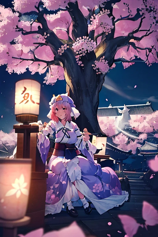 saigyouji yuyuko as she eats a fancy meal sitting under cherry blossoms, night cherry blossoms, moon night, drinking sake, having a picnic, small chest, default clothing, saigyou_ayakashi, Only_tree　There are white horses　Riding a pure white horse