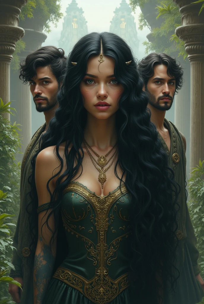 Beautiful girl with long wavy black fantasy hair, with her two brothers protecting her 