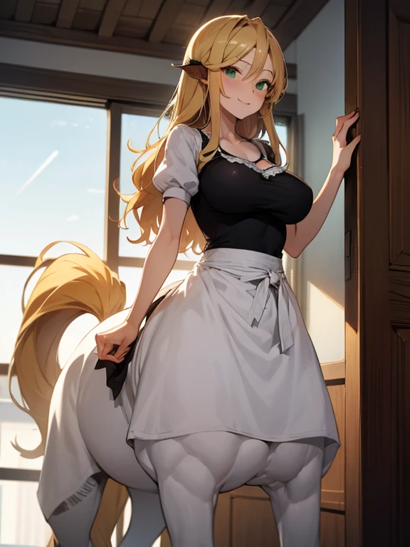 best quality,best resolution,(fluffy anthro furry :1.6),(young :1.6),solo,yellow hair white fox girl,long hair,wavy hair,white body fur,small breasts,white naked apron,raffles,white stockings,cute pantie,shy face,scream,full face blush,looking back,low angle,beautiful kitchen,backless,glasses,panoramic view