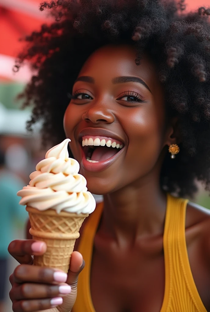African black woman eating a jar of food with a spoon in it, hyperrealistic digital art, teeth gritted, crazy eyes wide open, food commercial 4 k, hyperrealistic mixed media, realistic art, photo manipulation, fleshy creature above her mouth, inspired by Martin Schoeller, ultrarealistic digital art, highly realistic digital art, hyper realistic digital art, food advertisement