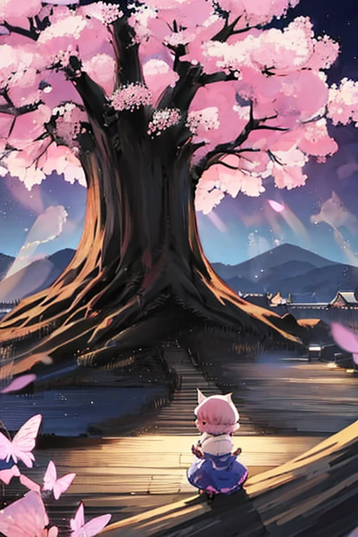 Westboundji yuyuko Have a picnic under a cherry blossom tree eating gourmet food, Cherry Blossoms at Night, Moonlit Night, Drinks, Have a picnic, Small breasts, Default Outfit, Westboundji yuyuko, Westbound_ayakashi, Naked_tree, 1Chibi princess, Stand next to 🐎, Grin, cute, (Chibi　Riding a pure white horse　There are pure white horses