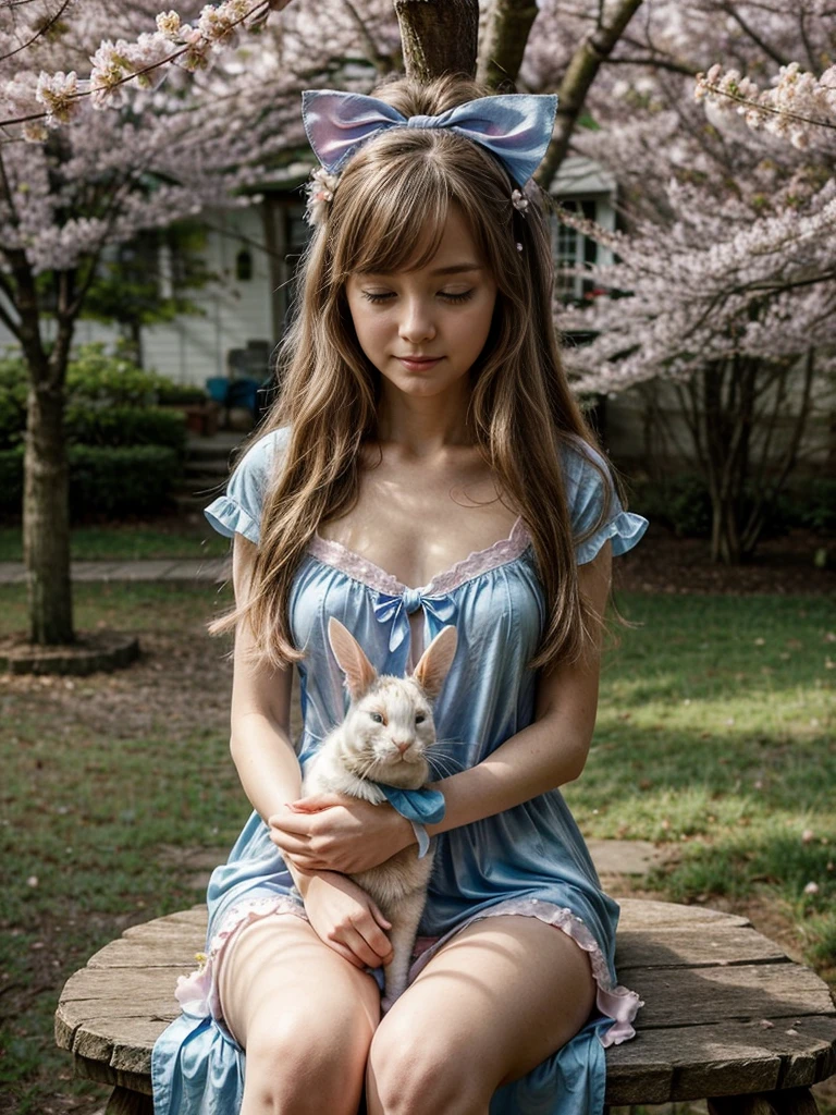 A cute woman (age 20, giga breasts, sheer night gown brightly colored, no underwear) is rolling in a field of flowers at night playing with her teddy bear, sultry poses to viewer