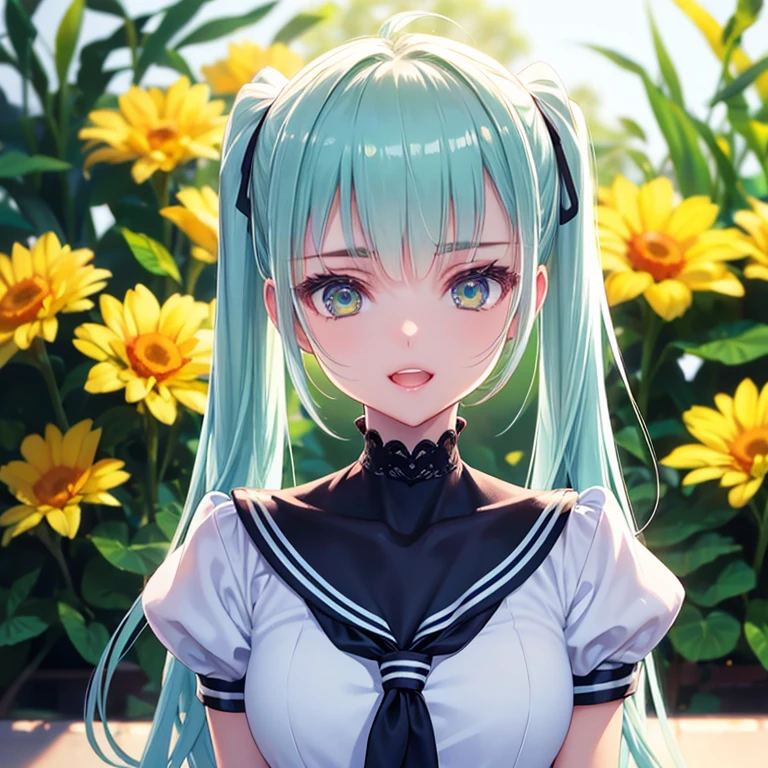 (Best Quality:1.2, 4K, 8k, Very detailed, up to date, Vibrant, high detail, masterpiece:1.2, Best Quality, Best aesthetics), (((1 girl))), ＪＫ, Sailor suit, Pleated skirt, Please open your mouth a little:1.2, smile, (Blue Hair, High-positioned twin tails), Dynamic Angle, Friendly atmosphere, Beautiful Hair, Shiny Hair, Beautiful Skin, Detailed face and eyes, Glossy lips, Curvy Women, Lush green park:1.2, Colorful flowers, Details with a focus on light and dark, Background Blur.