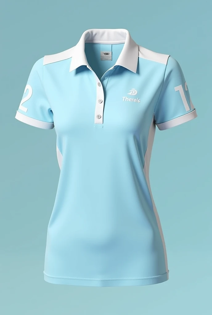 Create a feminine sports polo shirt that has designs in blue and light blue colors