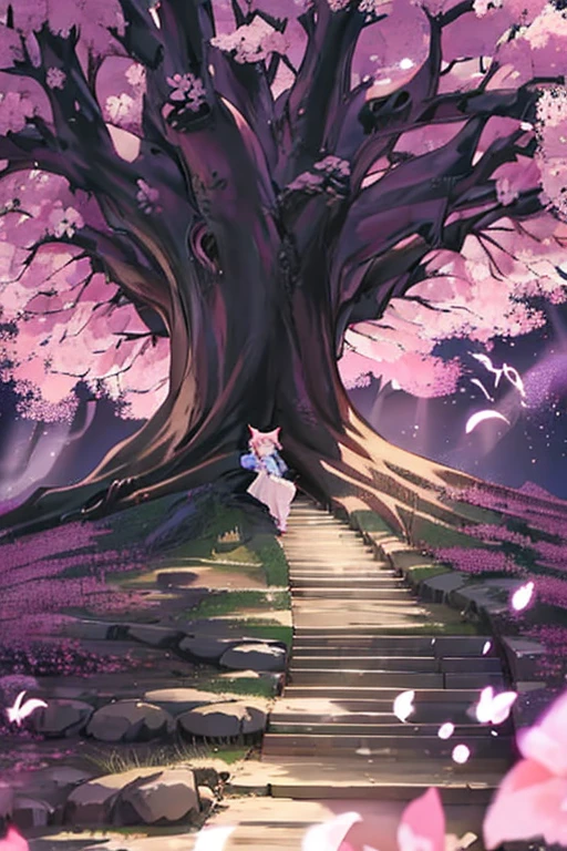 Westboundji yuyuko Have a picnic under a cherry blossom tree eating gourmet food, Cherry Blossoms at Night, Moonlit Night, Drinks, Have a picnic, Small breasts, Default Outfit, Westboundji yuyuko, Westbound_ayakashi, Naked_tree, 1Chibi princess, Stand next to 🐎, Grin, cute, (Chibi　Riding a pure white horse　涙を流しています