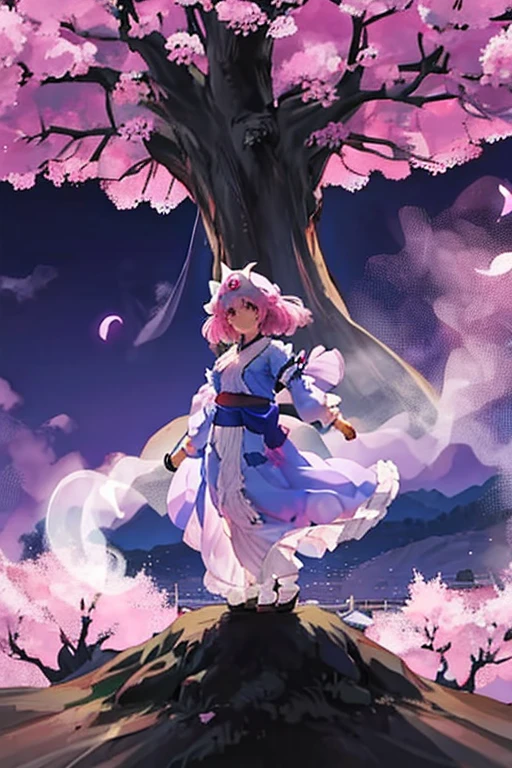 Westboundji yuyuko Have a picnic under a cherry blossom tree eating gourmet food, Cherry Blossoms at Night, Moonlit Night, Drinks, Have a picnic, Small breasts, Default Outfit, Westboundji yuyuko, Westbound_ayakashi, Naked_tree, 1Chibi princess, Stand next to 🐎, Grin, cute, (Chibi　Riding a pure white horse　涙を流しています