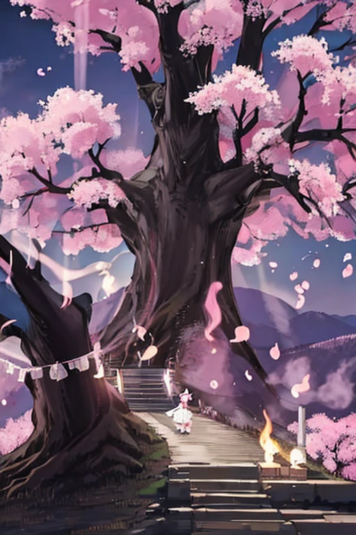 Westboundji yuyuko Have a picnic under a cherry blossom tree eating gourmet food, Cherry Blossoms at Night, Moonlit Night, Drinks, Have a picnic, Small breasts, Default Outfit, Westboundji yuyuko, Westbound_ayakashi, Naked_tree, 1Chibi princess, Stand next to 🐎, Grin, cute, (Chibi　Riding a pure white horse　涙を流しています