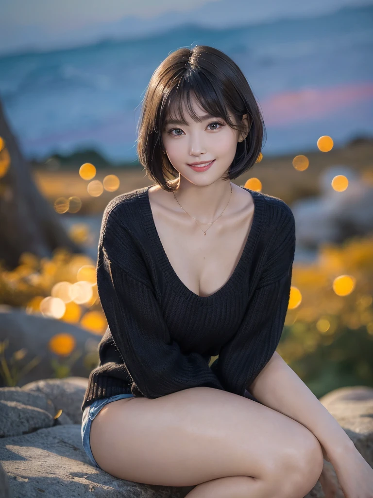 (masterpiece, Highest quality,high resolution), ((One person, Adult women,smile,alone, bob hairstyle)), Ishmael_edge, Beautiful Skin, fair skin ,Beautiful breasts,Bare arms, Beautiful feet ,boots ,Detailed face,Beauty,brown color sweater, autumn dusk,