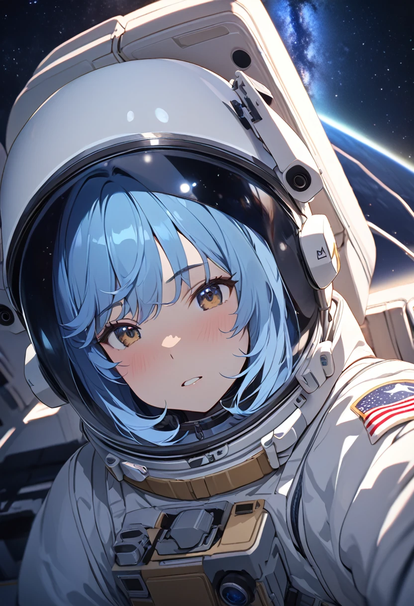 Best Quality, detailed, 4K, RAW Photos, masterpiece, detailed face,, star, 惑star, Milky Way, space,, a photo of アニセマー flying in space, Blue Hair, bangs, Long Hair, View your viewers, 