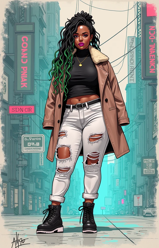 beautyful strong african woman, huge full afro purple hair, black jacket, black bra, black boots, hoop earring, green aviator glasses, purple chocker, dragon tattoo, night, purple lights, black jeans, full lips, city, closeup