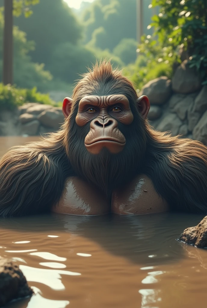 A sasquatch relaxing in hottub in the woods.Anatomically Correct, Award Winning, Dutch Angle, Digital Art, Hyperdetailed, 