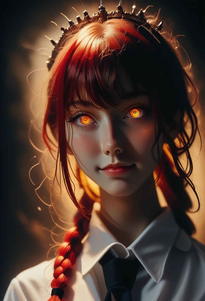 makima (chainsaw man), best quality, ultra detailed, 1girl, solo, standing, red hair, long braided hair, golden eyes, bangs, medium breasts, white shirt, necktie, stare, smile, (evil:1.2), looking at viewer, (interview:1.3), (dark background), from below, sharp contrast , gorgeous detailed eyes, focus , close up shot , glowing orange eyes,front view