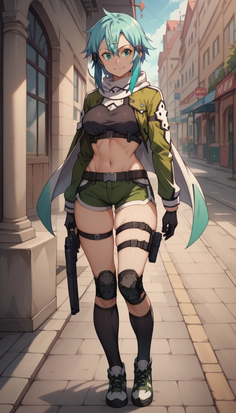 ultra-detailed, 1girl, sinon, Sword Art Online II, (best quality), ((masterpiece)), (highres), 16K, green eyes, perfect face, long hair, blue hair, hair ornament, hairclip, wearing black shirt, wearing bootyshorts, black thighhighs, thigh straps, knee pads, holster, black gloves, belt, sports shoes, busty body, large breasts and a beautiful ass, showcasing cleavage, legs, hips, gun, holding gun, looking at viewer, smile, detailed full body, thigh details, street background