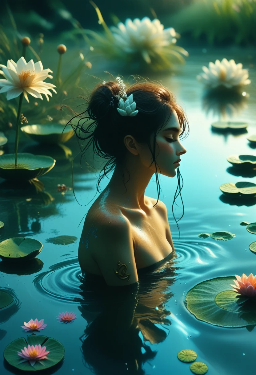 a man in a pond with lily pads in the water, in a pond, standing in a pond, floating in a powerful zen state, nymph in the water, sitting in a reflective pool, floathing underwater in a lake, sitting at a pond, in water up to her shoulders, the hair floats on the water, in a lake, in the water