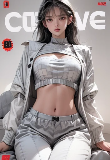   (Cover comic magazine:1.6) Best quality, masterpiece, portrait, perfect anatomy, irreproachable, 1 woman, One, Sexual, stylish, mature, Silver pants, croptop, jacket, Long hair, female, chill, queen, correct female anatomy,