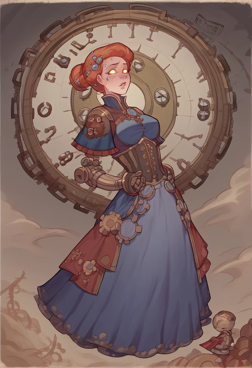 "A powerful female sorceress who controls time, with a divine yet steampunk aesthetic. She has an imposing and ethereal presence, with glowing eyes that resemble antique clocks, featuring bronze and copper gears turning within her pupils. Her hair floats as if suspended in time, interwoven with copper and brass strands, glinting softly. Her skin has a pale, almost porcelain tone, with delicate engravings resembling clockwork mechanisms etched along her arms and neck, connecting to a pendant shaped like an old-fashioned pocket watch. Her attire blends Victorian elegance with intricate steampunk design: a long, flowing, semi-transparent cloak adorned with floating gear patterns. She wears a fitted corset of dark leather, reinforced with bronze and brass plates, intricately detailed with tiny gears and cogs, some of which are in motion. On her wrists, she wears copper gauntlets resembling intricate clock mechanisms, constantly ticking and rotating. Her dress is a combination of fine lace and rugged, industrial fabrics, with small, ornate clocks and gears embroidered into the hem, giving her a timeless, mechanical elegance. Around her, the air seems to shimmer and warp, as if time itself is being manipulated, with fragments of clock hands and dials floating around her like dust. The background is a richly detailed, steampunk cityscape filled with towering smokestacks, steam-powered machines, and mechanical wonders, yet she stands outside of time, an eternal and transcendent figure."