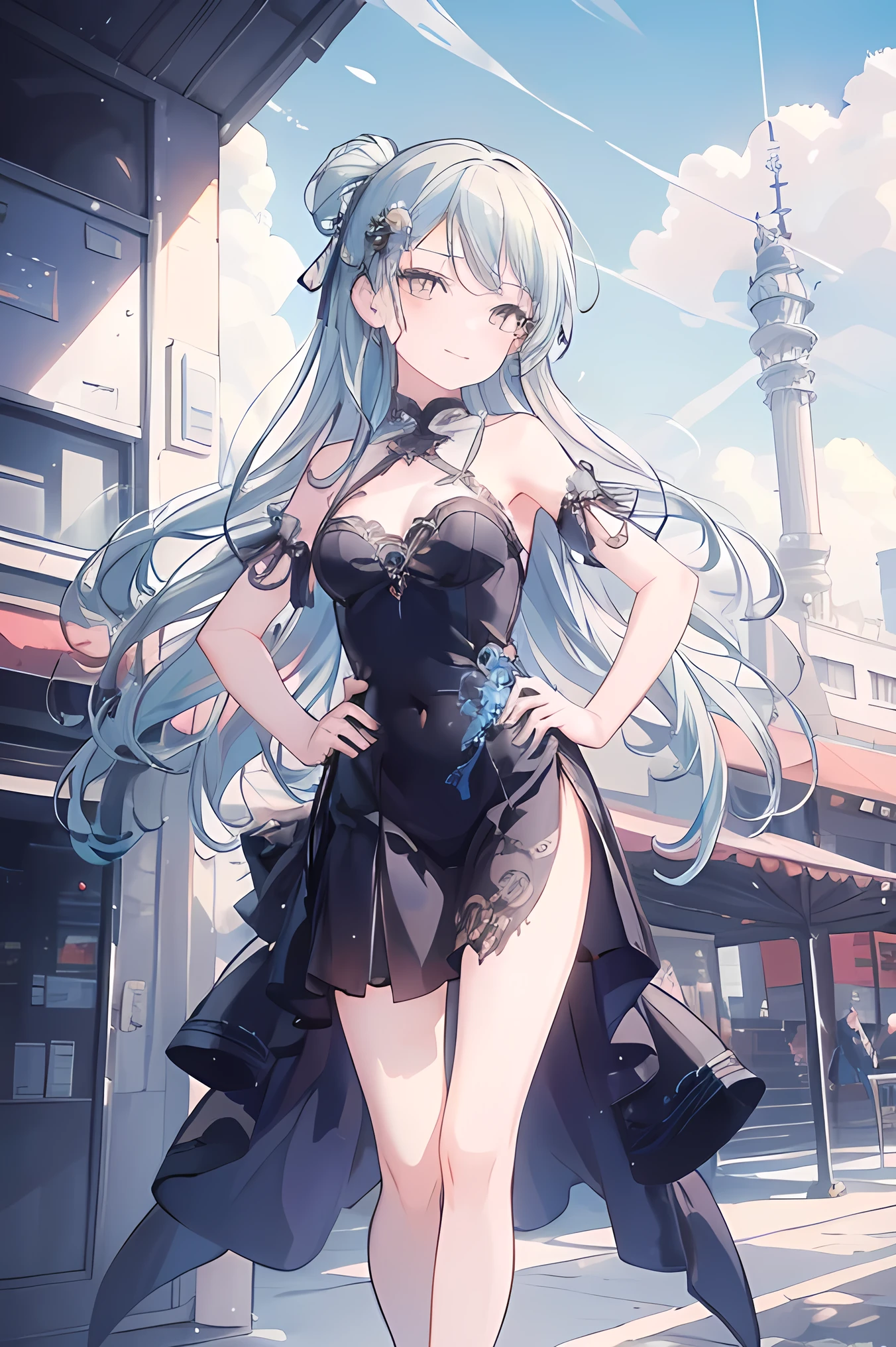 masterpiece, Best Quality, One girl, Watching the audience, Wicked Smile, blue sky, Long Hair, Cute Dresses, Hands on hips,Perfect System、Model body type、Beautiful legs、Anatomically correct