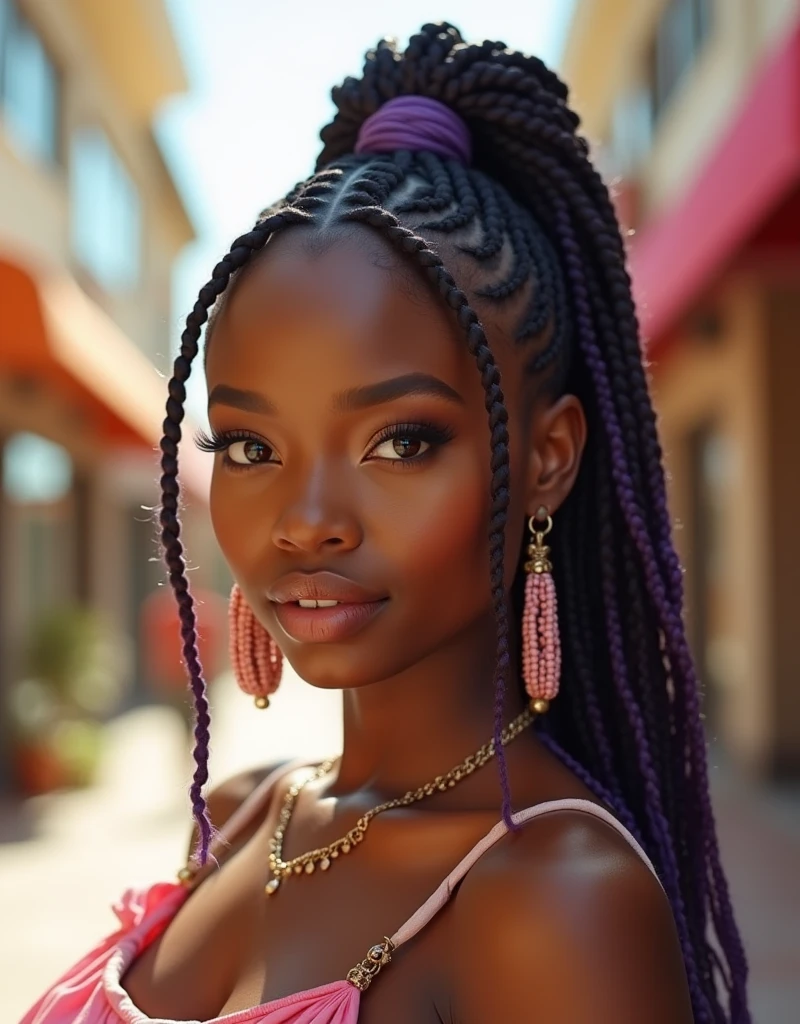 Woman with box braids and baby hair, green and pink clothes, greeneyes, with brigadeiro in one hand, black background fabric