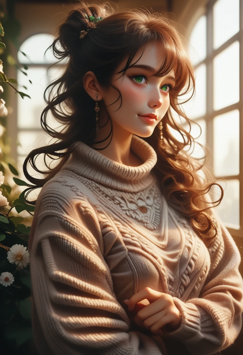 A stunning masterpiece of a high-res portrait of a beautifully detailed girl with long, shiny brown hair and mesmerizing green eyes, wearing a cozy sweater and flashing a gorgeous smile that accentuates her small yet perfectly-formed breasts.