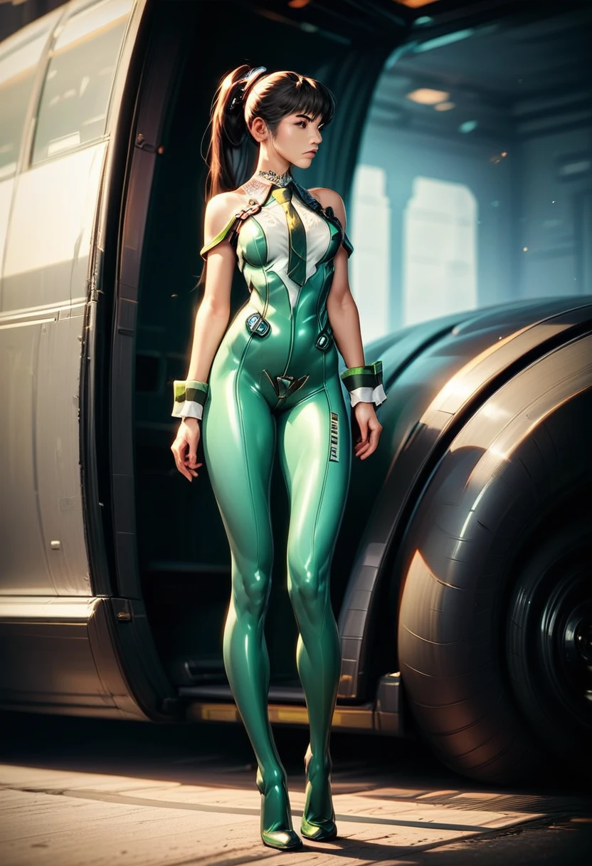 eve (stellar_blade), solo, looking to the side, bodysuit, necktie, ground vehicle, standing, looking away, shiny clothes, motor vehicle, skin tight, full body, bare shoulders, lips, green necktie, medium breasts, wrist cuffs, shiny, sleeveless, high heels, BREAK , zPDXL, score_9, score_8_up, score_7_up, score_6_up, score_5_up, score_4_up