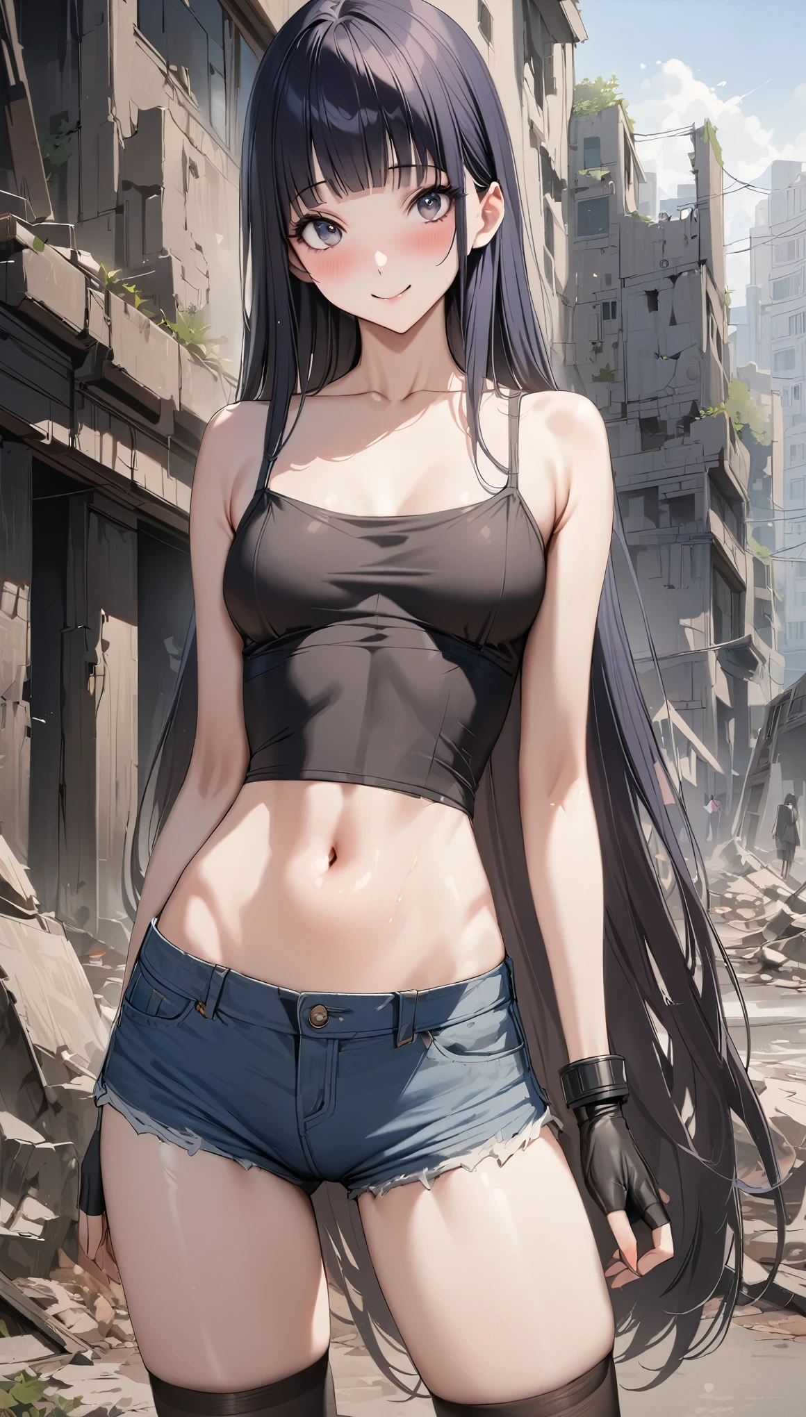 ((masterpiece,best quality anime:1.3,Best Quality)),realistic,cowboy shot,portrait,1woman, adult,(dark blue hair),straight long hair,bangs,((very small head)),gray eyes,(gorgeous big eyes),blush,smile,long body,medium breasts,(Black camisole、Denim shorts、black_thighhighs、Black fingerless gloves)、(slender body,toned body),standing,on street,ruins、Ruined City、