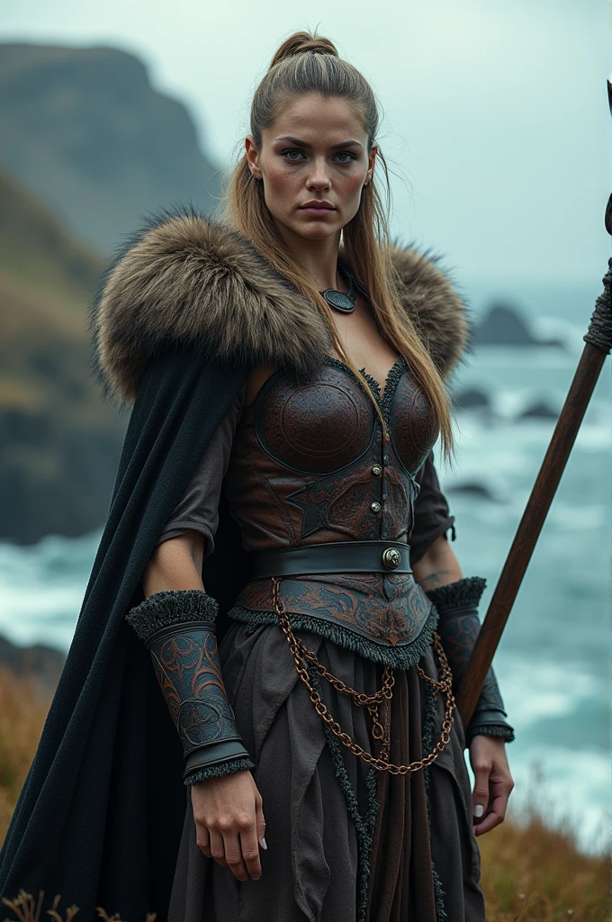 a voluptuous sexy hourglass body, sexy female viking warrior, braided hair, fur. Leather. holding an axe. Her huge breasts spill out of her cleavage.(best quality,4k,8k,highres,masterpiece:1.2),ultra-detailed,(realistic,photorealistic,photo-realistic:1.37),beautiful detailed eyes,beautiful detailed lips,extremely detailed eyes and face,longeyelashes,intricate details,highly detailed armor,glowing sword,dramatic lighting,moody atmosphere,epic iceland black sand landscape,cliff terrain,dark cloudy sky. (Michelle Pfeiffer:0.5, Naomi watts:0.3). The ground is covered in a mystical mist.