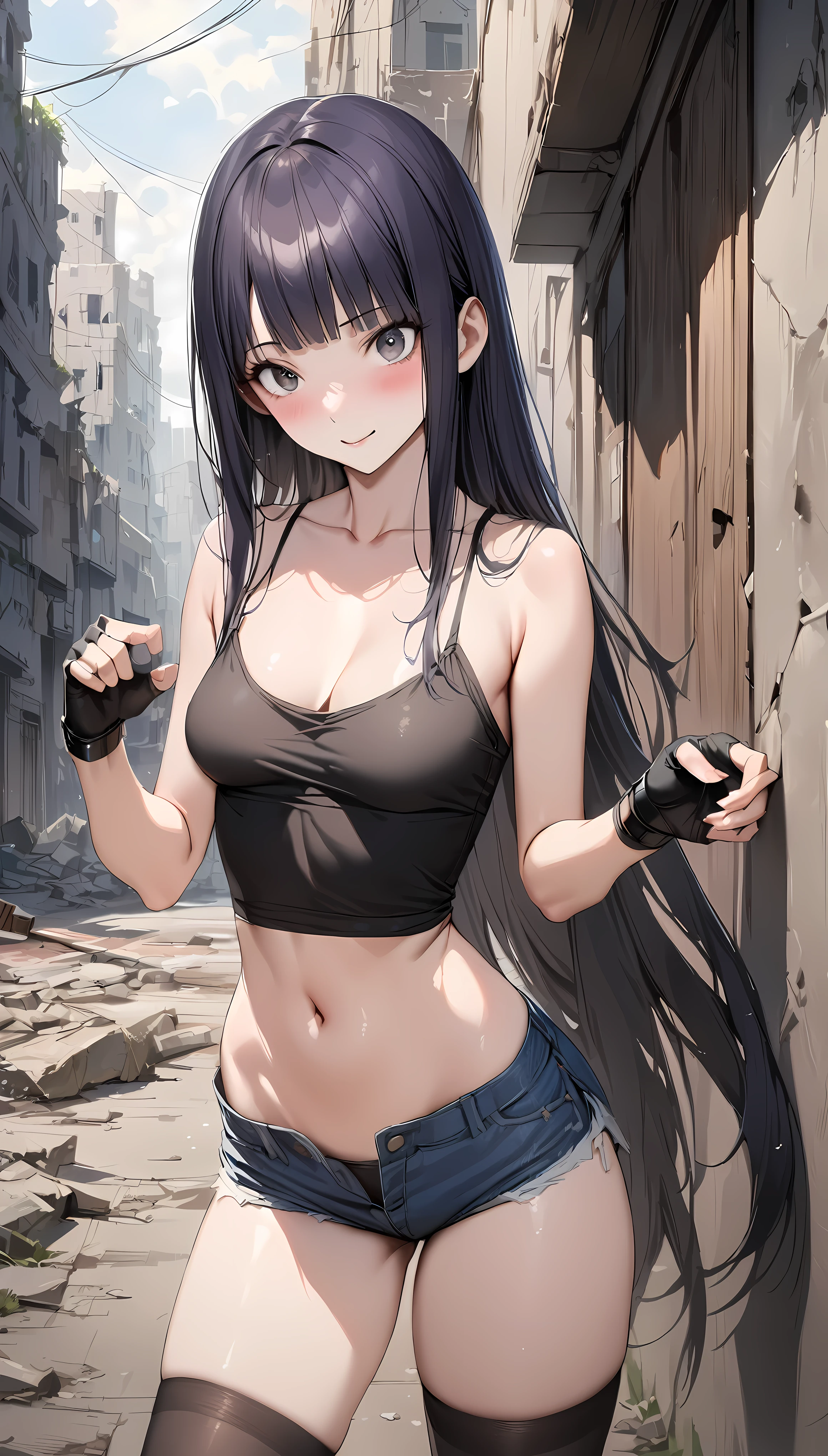 ((masterpiece, highest quality:1.3)),cowboy shot,20 year old beauty,solo,((very small head)),((long body)),dark blue hair,long hair,black eyes,bangs,medium breasts,,slender body,skinny,shiny skin,oily skin,smile,blush,smile,White tight tank top、Crop length、navel、Denim micro mini shorts、gunbelt,equipped with automatic rifle、on street、Ruined Tokyo、End of the World、