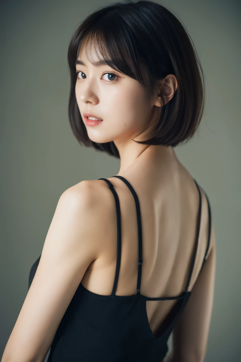 Best-quality, Masterpiece, Ultra-High-Resolution, (Photorealistic:1.4), Raw-Photo, 1girl, 15-years-old, the most popular Japanese idol, on bed, (upturned ass), dynamic-pose, twinkle-smile, (extremely cute face like the most famous Japanese idol, (((extremely beautiful big-black-eyes))), extremely beautiful black-short-cut-haired), extremely beautiful hip