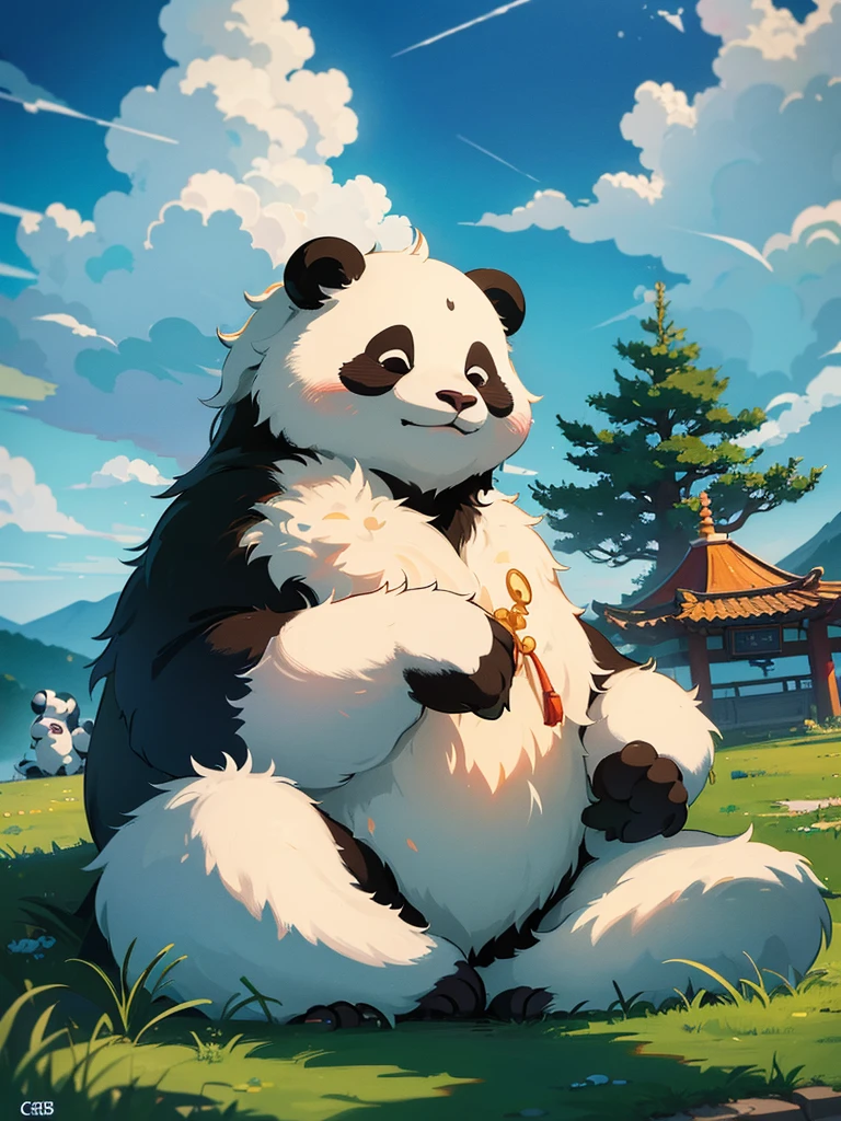 MG xiongmao,1 a chubby panda,sky,cloud,outdoors,solo,hat,furry,grass,leaf,closed eyes,cloudy sky,petals,standing,scarf,no humans,Moon,at the bottom of the water,Bubble,.