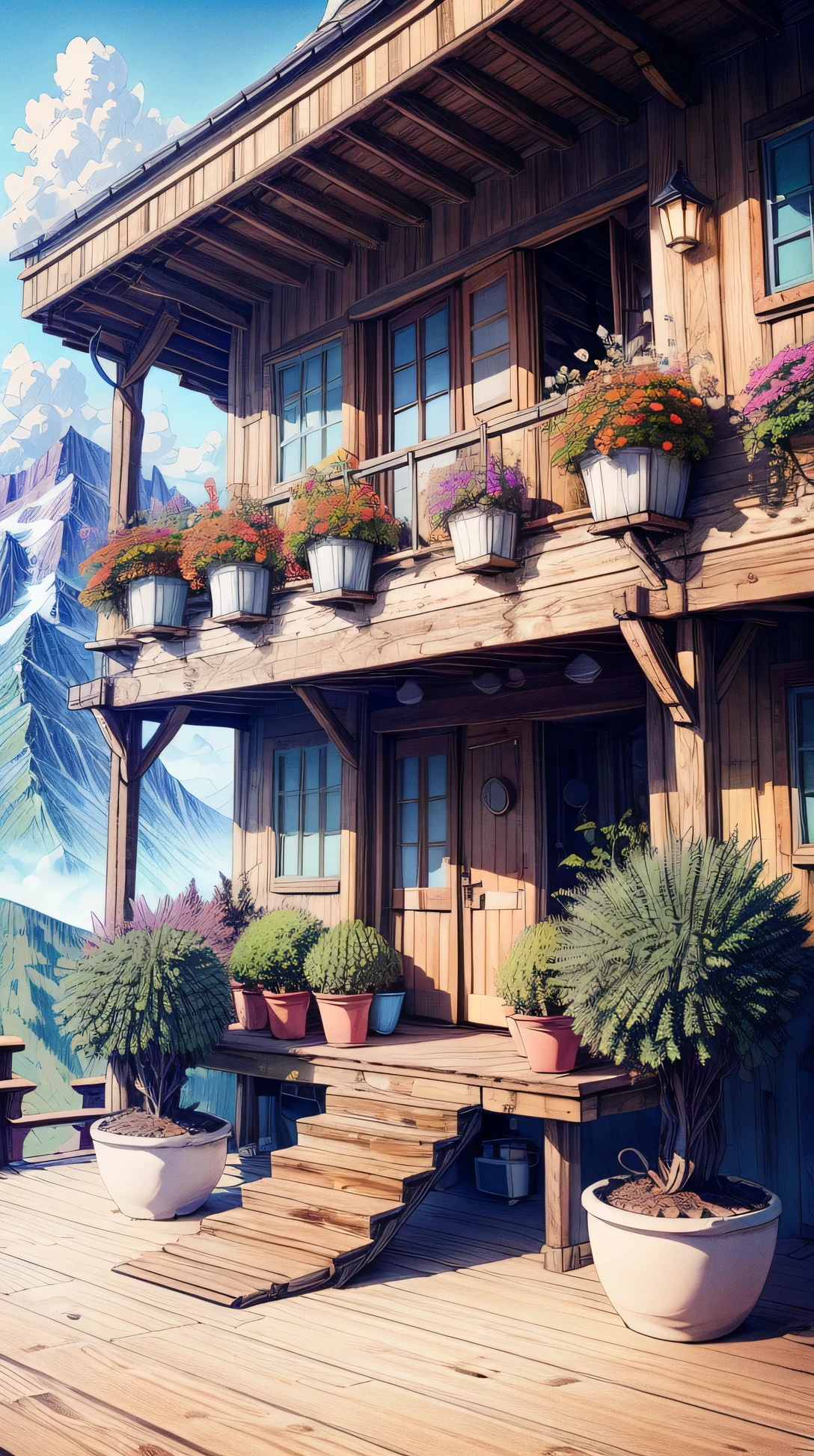 A wooden deck overlooking colorful mountains. Potted plants decorate the deck, with a steaming cup of tea on the railing.