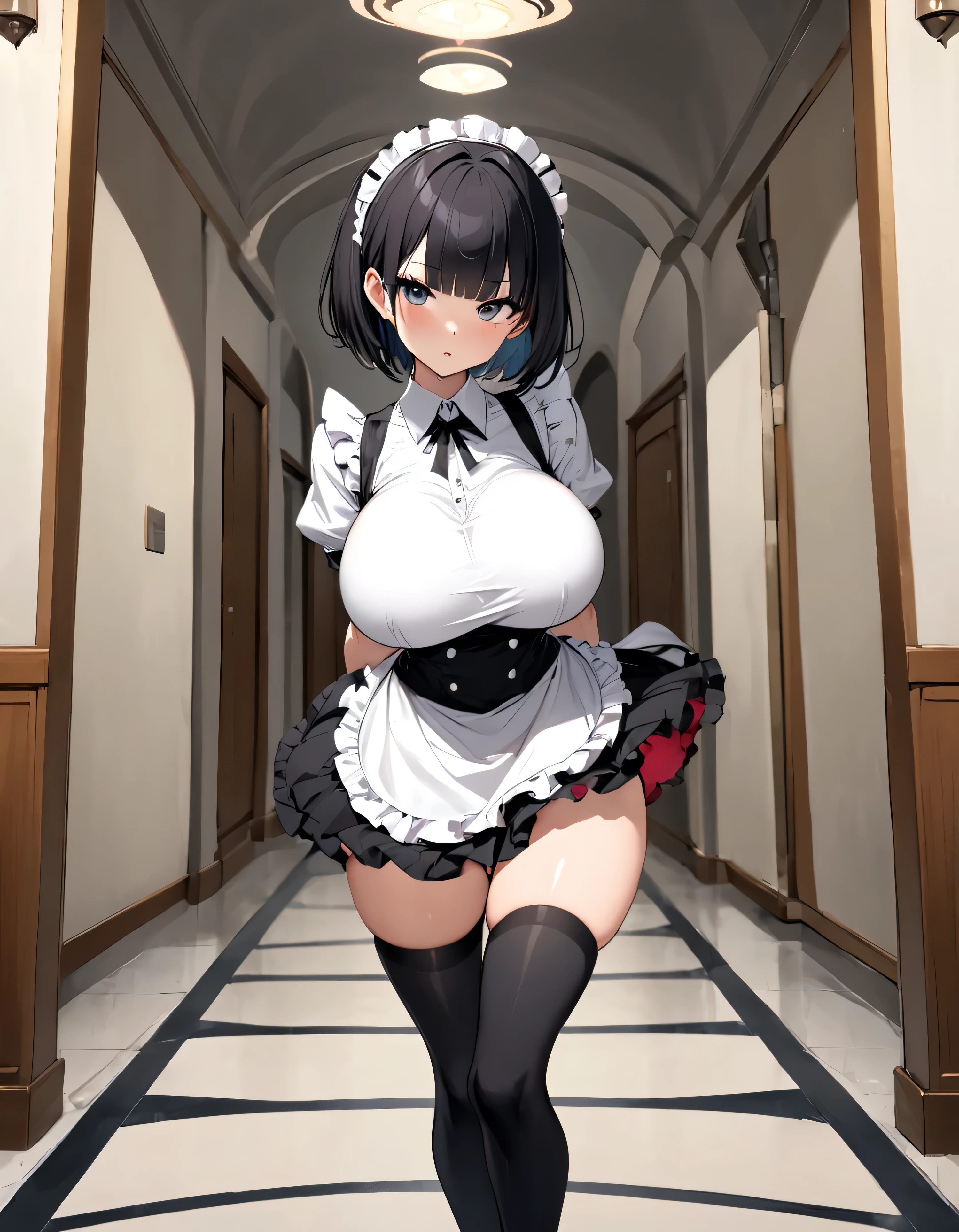 (solo), (1 skinny girl standing at round hallway alone), (swaying back), arms behind back, looking at viewer, BREAK, black bob cut, blunt bangs, (violently bouncing huge breasts:1.2), bursting huge breasts, long breasts, narrow shoulders, (very short torso), skinny narrow waist, (long skinny legs), (skinny thighs:1.2), BREAK, (maid dress), short skirt, thigh gap, (inky-black thighhighs:1.1)