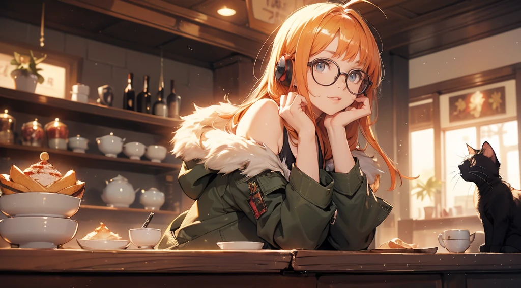 masutepiece, Best Quality, hight resolution, 1girl in, Sakura, Blunt bangs, eye glassesの, Burakku Frame Eyewear, Ahoge,orange color hair、 small chest purple eyes、 eye glassesの, headphones,  bura, Jacket, off shoulders, Fur trim, fur-trimmed jacket, Green jacket, Shorts, ,the golden hour,A smile that showed teeth、1black cat、tea shop、On the counter、Coffee、Sakura、Purple eyes、orange color hair、eye glasses、,​masterpiece、top-quality、Official art、illustratio、ligne claire、(Cool_Color)、perfect-composition、focal、acurate, Anatomically correct、 、hight resolution, Beautiful detailed glow, masutepiece*Portrait, 3D Face, Realistic, (masutepiece: 1.3), (max resolution: 1.2), (Ultra HDTV: 1.2), cinematric light, 8K resolution, phi ,​masterpiece、top-quality、Ultra Detail、(((shiny lips: 1.4)))Beautiful face, acurate, Anatomically correct, phiAlways detailed face and skin texture, Detailed eyes, Double eyelids, tThin eyebrows、 pale skin, Lustrous skin all over the body, Perfect face,Always detailed face and skin texture, Detailed eyes, Double eyelids, Thin eyebrows,Natural cheeks, Glossy skin, Fair skin: 1.2, (Glossy lips: 1.4), (((The most beautiful girl)))、(((beautiful a girl)))、（little blush）、（Beautiful face）、
Delicate and beautiful hair, Delicate and beautiful eyes and face, (Beautiful gorgeous cute western woman:1.3),)(((Very Beautiful face))))(((long lashes))))(((Circular twinkling eyes)))(((Glossy and glossy lips)))
(((Cheeks with a slight reddish tinge:0.8)))(((Neat and straight nose bridge)))、(((Cowboy Shot)))crouching cowgirl,