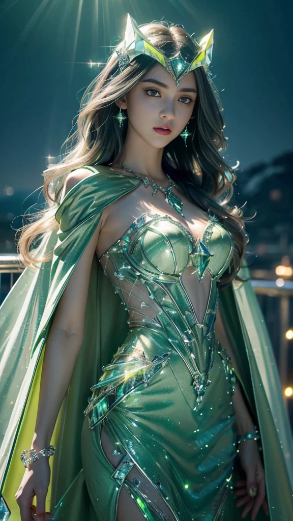 DisneyAurora 27 years old, ((( Selena Gomez:Emma Stone:0.7))) Beautiful woman (((shoulder length wavy brunette hair))) (bangs:1.2) (sparkling green dress, long skirt) iridescent clothing (purple eyes) defined body, Red lipstick, smiling, hands free, standing, high tech cyberpunk city rooftop, night, (huge_breasts:1.2) (curvy:1.2)