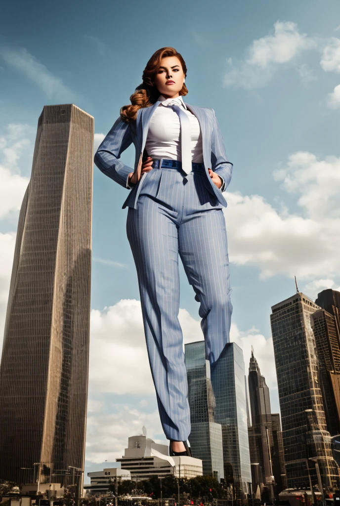 Giantess art, tera giantess in distance walking on countries, young women with beautiful curves, massive thighs, ginger hair, lipstick, wearing a perfect form-fitting light grey pinstripe trouser suit and blazer, crisp white shirt with large spread collar, large blade width Windsor knot blue tie, with massive breasts. She is wearing platform high heels A towering woman looking at viewers, Her toned and she lean and slender body. She seems to be casually strolling through the bustling cityscape of LA City, as towering buildings loom overhead. Smoke and clouds roil around her, adding to the sense of epic scale and drama. The lighting is dark, gloomy, and realistic, creating a tense and ominous atmosphere. The perspective is from below, emphasizing the sheer majesty and power of the A towering Giantess. This image is highly detailed, photorealistic, best quality, a masterpiece, with cinematic lighting, ultra-detailed, long ponytail hair with front bangs, high altitude photography, satellite view, a curvy figure, heaving bosom, legs, a stepping on mulitple mega city,, destruction, buildings, roads, a cloudy, overcast, hazy atmosphere, and wispy clouds. Pov