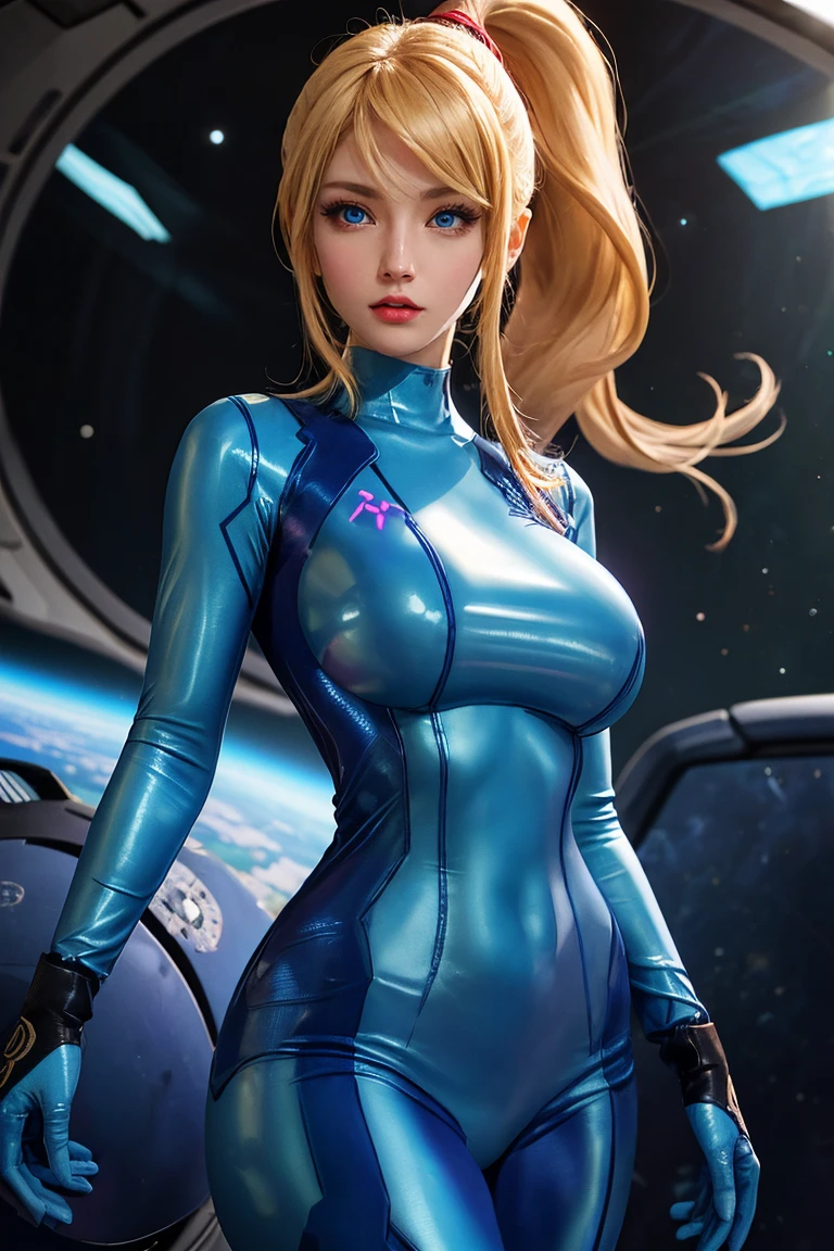 samus aran, ponytail, hair tie, blue gloves, blue bodysuit, high heels (masterpiece, best quality:1.4), (modern days), blue eyes, 1girl, solo, pov, sfw, stunning girlfriend, (space background), (sit on the floor:1.1), heart shaped face, elegant face, beautiful face, highly detailed face, highly detailed skin, skin pores, subsurface scattering, realistic pupils, medium breast, loving smile, looking at viewer, full face blush, full lips, detailed background, depth of field, atmospheric perspective, volumetric lighting, sharp focus, absurdres, realistic proportions, good anatomy, (realistic, hyperrealistic:1.4), 16k hdr,