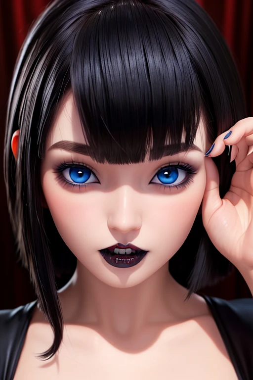 masterpiece, The best quality,  gothic girl ,to bite,  impresionantes teeth fangs,  12k detailed perfect, Perfect asymmetrical and detailed face., blue eyes white skin ,gothic makeup,  short black hair with bangs, Full HD image 1.