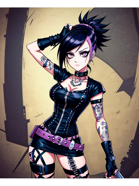 a cartoon drawing of a woman with a knife and gloves, punk girl, wearing a punk outfit, 1 anime goth girl, goth girl, dressed in punk clothing, aeon flux style, urban girl fanart, punk woman, 1 goth girl, mona lisa as a goth girl, anime style character, tall female emo art student