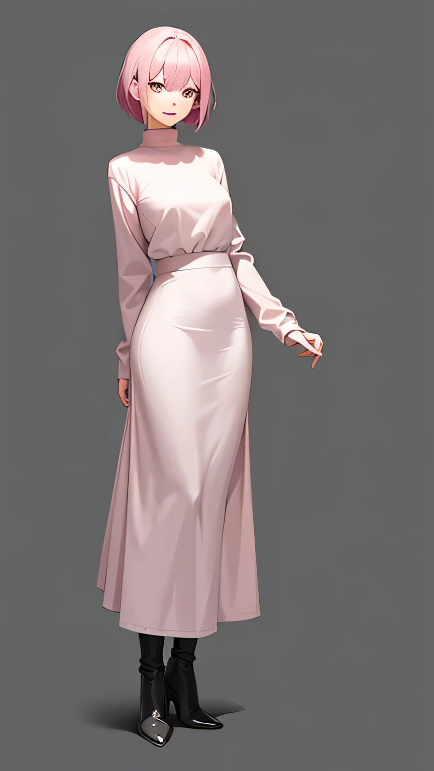 full body shot,Anime Style,whole body,pumps,Character portrait,20-year-old woman,Pink bob hair,Winter clothes,Gray Long Dress,smile,Simple Background,Photographed from the front