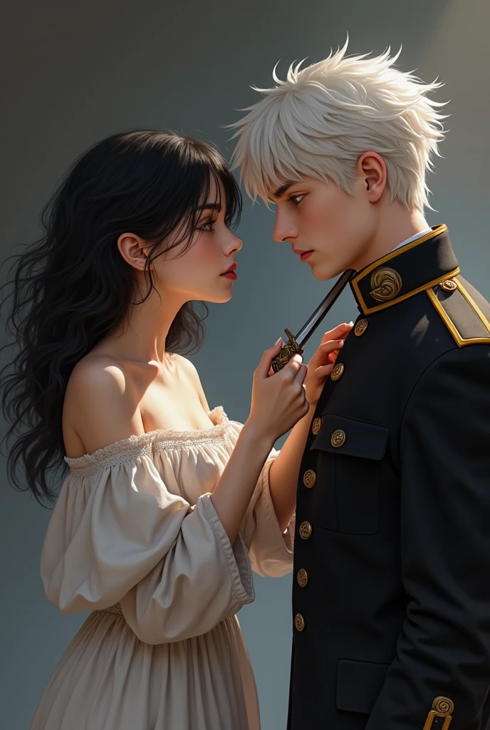 A young woman with wavy black hair , with golden brown eyes , of thick eyebrows , thin and 1.50 cm , with white off-shoulder dress and loose sleeves , with a dagger in his hand squeezing the throat of a young man with white hair and striped gray eyes , with a straight jaw and a penetrating gaze , dressed in the black uniform of a professional soldier 