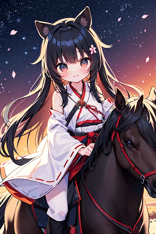 Riding a black horse　There are jet black horses　Cherry Blossoms at Night　Cherry Blossom Snowstorm　Starry Sky　1girl, Alone, masterpiece, best quality, illustration, absurdres, cute, film_grain, extremely detailed face, perfect lighting, smile, cowboy shot, miko_taoist, Toyosatomimi&#39;s daughter, short hair, pointy hair, Earmuffs, bangs, small breasts, blonde hair, brown hair, brown eyes, yellow eyes, dress, skirt, shirt, sleeveless, belt, bracelet, sleeveless shirt, sheath, scabbard, jewelry, cape, weapon, sword, ritual baton,　