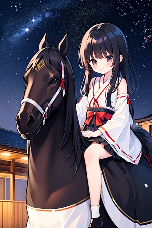 Riding a black horse　There are jet black horses　Cherry Blossoms at Night　Cherry Blossom Snowstorm　Starry Sky　1girl, Alone, masterpiece, best quality, illustration, absurdres, cute, film_grain, extremely detailed face, perfect lighting, smile, cowboy shot, miko_taoist, Toyosatomimi&#39;s daughter, short hair, pointy hair, Earmuffs, bangs, small breasts, blonde hair, brown hair, brown eyes, yellow eyes, dress, skirt, shirt, sleeveless, belt, bracelet, sleeveless shirt, sheath, scabbard, jewelry, cape, weapon, sword, ritual baton,　