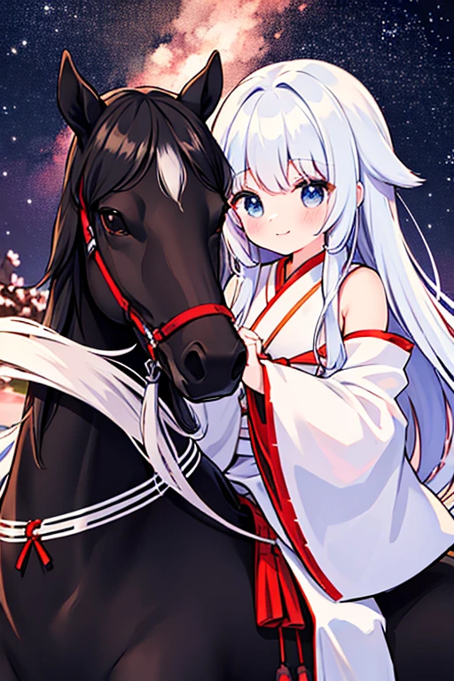 Riding a black horse　There are jet black horses　Cherry Blossoms at Night　Cherry Blossom Snowstorm　Starry Sky　1girl, Alone, masterpiece, best quality, illustration, absurdres, cute, film_grain, extremely detailed face, perfect lighting, smile, cowboy shot, miko_taoist, Toyosatomimi&#39;s daughter, short hair, pointy hair, Earmuffs, bangs, small breasts, blonde hair, brown hair, brown eyes, yellow eyes, dress, skirt, shirt, sleeveless, belt, bracelet, sleeveless shirt, sheath, scabbard, jewelry, cape, weapon, sword, ritual baton,　