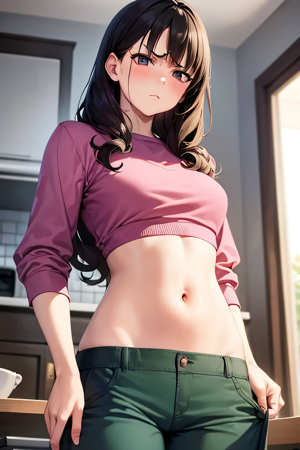 super fine illustration, vibrant colors, masterpiece, sharp focus, best quality, depth of field, cinematic lighting, ultra detailed, crop top, long sleeves, long pants, navel, tummy, 1 woman, solo, milf, slender, full face blush, annoyed, mature female, tall woman, looking down, dark hair, long hair, annoyed, curly hair, pink shirt, small breasts, indoors, kitchen, belly, bellybutton, belly button, 