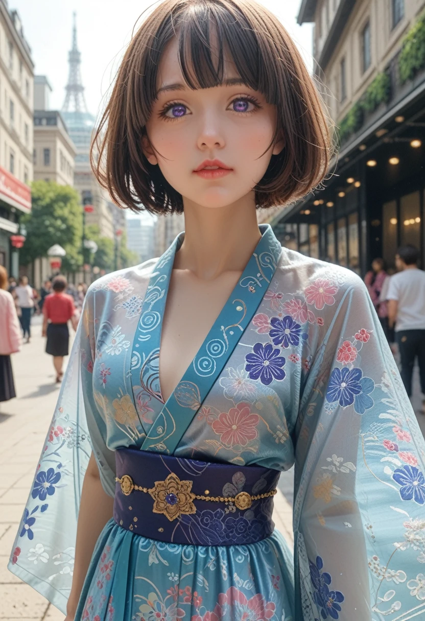 (Top Quality, 16k, Masterpiece: 1.3)), 1 Girl, Sharp Focus: 1.2, Beautiful Women with Perfect Figure: 1.4, Slender Abs: 1.2, (((Short Bob Hair)), ((Small: 1.4)), ((Beautiful Face Idol: 1.3)), (Transparent Fabric Kimono 1.5)), Highly Detailed Face and Skin Texture, Detailed Eyes, Double Eyelids, (((Pause)), (Seductive)), Walking, Paris cityscape, low angle, shot from below