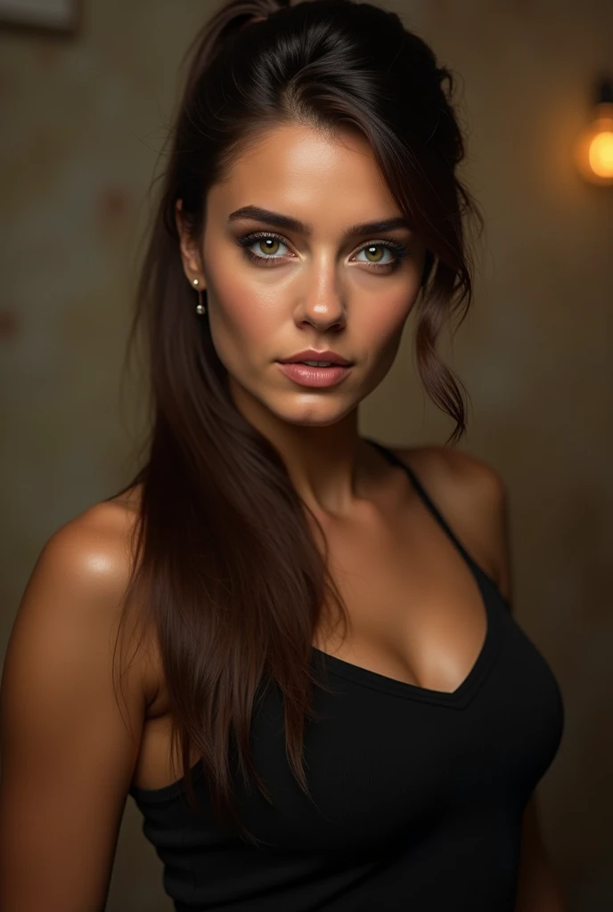 Beautiful woman, detailed face, she is wearing makeup, she is wearing erotic lingerie, playboy, she is looking at the camera, brown hair,she is making very sexy poses, she is looking at the camera, seductive look, nude, nsfw, smile, a romantic atmosphere, Argentine woman, full body, sexy woman