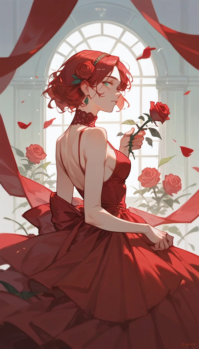 1 girl, solo,berasts,rose,red dress