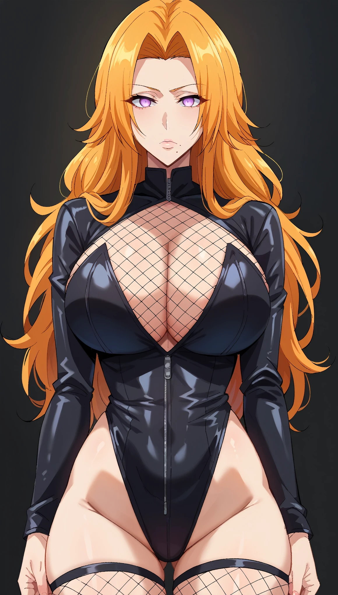 score_9, score_8_up, score_7_up, score_6_up, score_5_up, score_4_up, BREAK source_anime,rangiku matsumoto, long hair, orange hair, mole, mole under mouth, parted bangs,, purple eyes,(glowing eyes), Huge breasts, (evil depravity),stand up, salute, empty eyes,Expressionless, (Black latex high leg suit), Fishnet stockings, fishnet tops, black background, simple background,