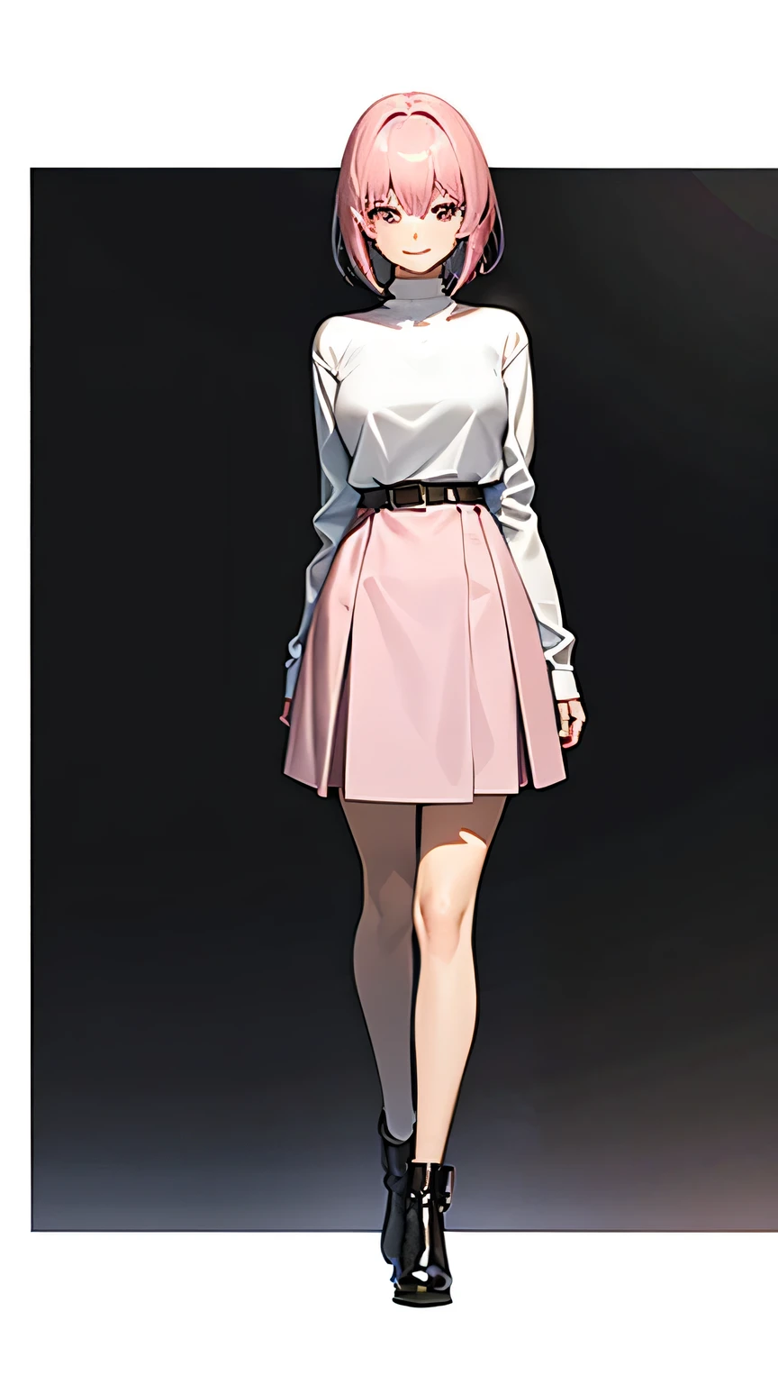 full body shot,Anime Style,whole body,pumps,Character portrait,20-year-old woman,Pink bob hair,Winter clothes,Gray Long Dress,smile,Simple Background,Photographed from the front